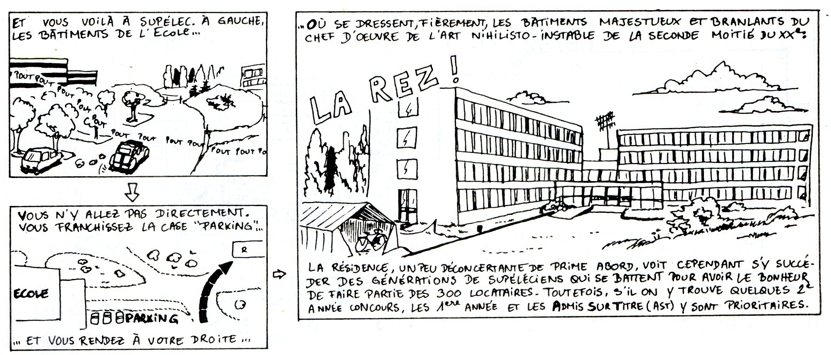 BD sur l'arrivée d'un nouvel admis à Supélec - strip 3 - Illustration pour le "spécial Alpha", journal des élèves Supélec, numéro spécial admisssibles. 1988