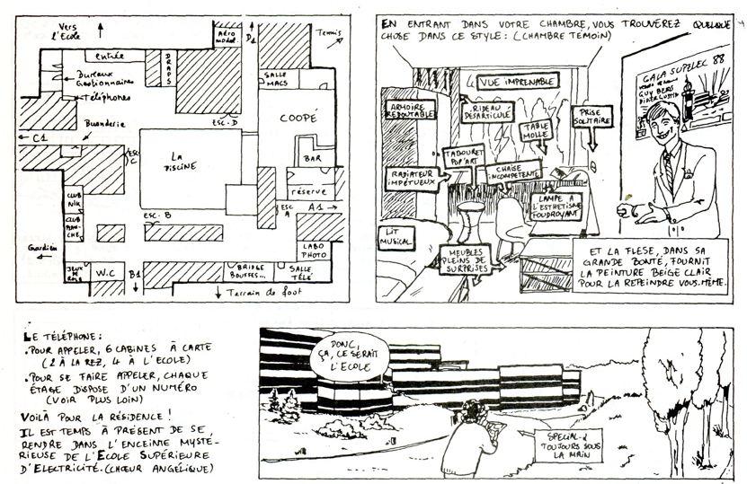 BD sur l'arrivée d'un nouvel admis à Supélec - strip 5 - Illustration pour le "spécial Alpha", journal des élèves Supélec, numéro spécial admisssibles. 1988