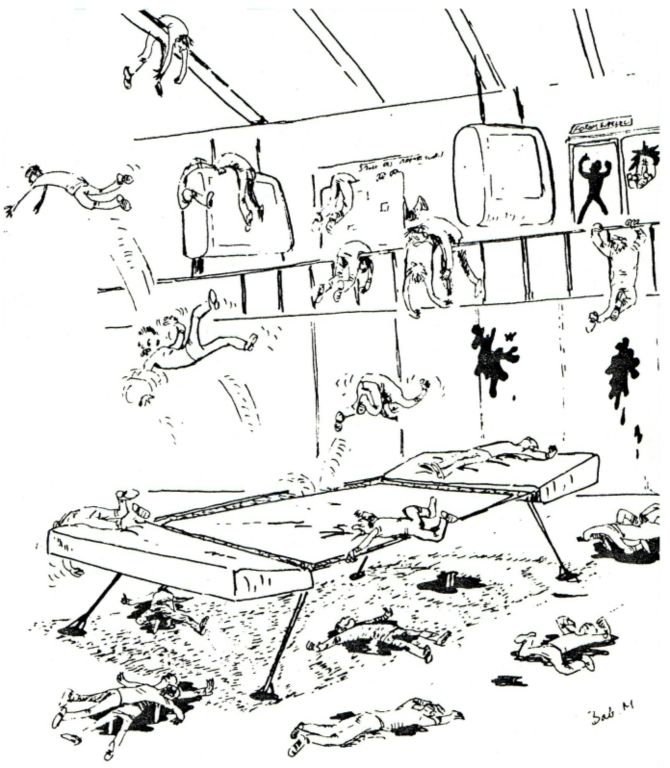 Trampoline dans la "salle poly" - Illustration pour le "spécial Alpha", journal des élèves Supélec, numéro spécial admisssibles. 1988