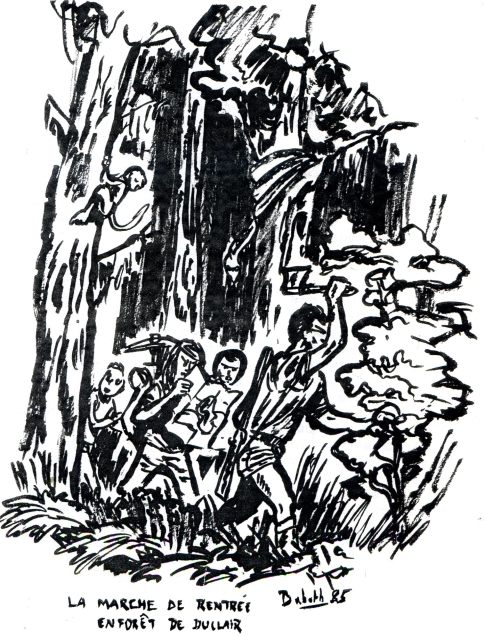 Promeande en forêt, en Normandie. Illustrations pour le journal de l'aumônerie en prépa - 1985