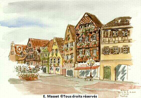 La place principale de Sélestat (Alsace), pendant le tour de France en moto;Un vrai régal de dessinatrice ces façades en couleur... Septembre 1998. Collection Jacques & Michèle Masset