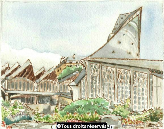 Rouen, l'église Jeanne d'Arc et la place du Vieux Marché.Un régal à dessiner, ce toit... Juillet 1999.