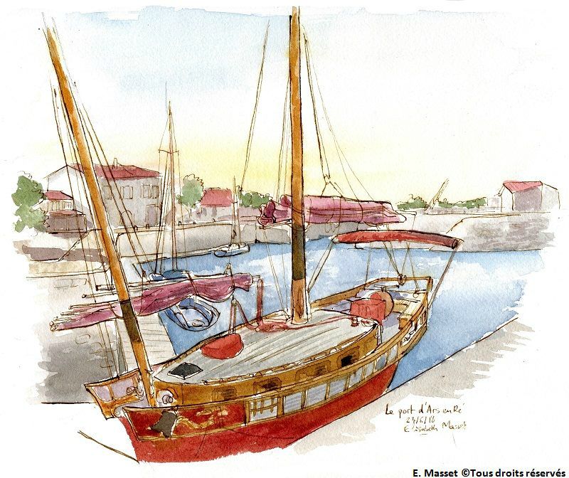 Ile de Ré, Ars en réLe bateau du Café du commerce et le port. Encre et aquarelle. Juin 2018.