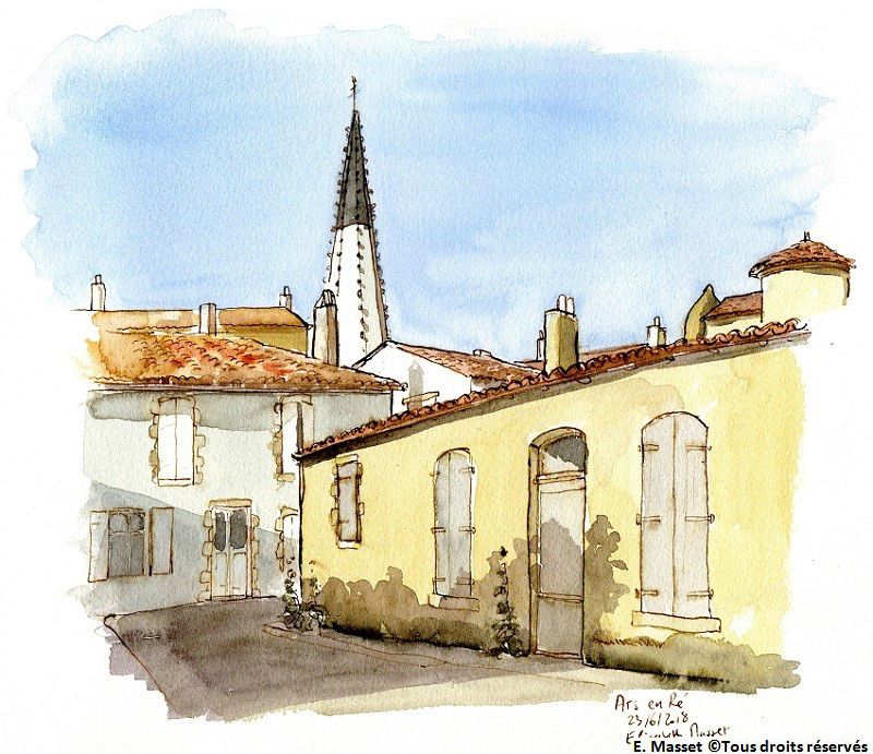 Ile de Ré, Ars en réLe clocher depuis une rue. Encre et aquarelle. Juin 2018.