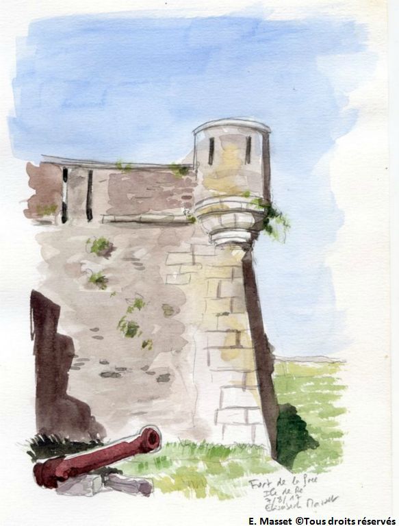 Ile de Ré, Fort de la PréeEsquisse de l'échauguette, à l'entrée. Croquis au crayon et aquarelle. Août 2017.