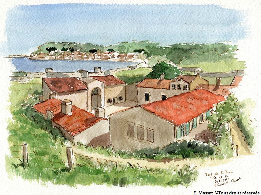 Ile de Ré, Fort de la PréeVue de la traverse abri Ouest. Encre et aquarelle. Août 2017.