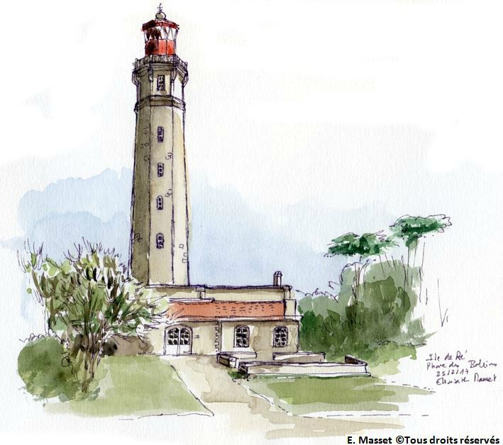 Ile de Ré, l'ancien phare des BaleinesCroquis au stylo et aquarelle. Février 2016. Collection Sophie Masset