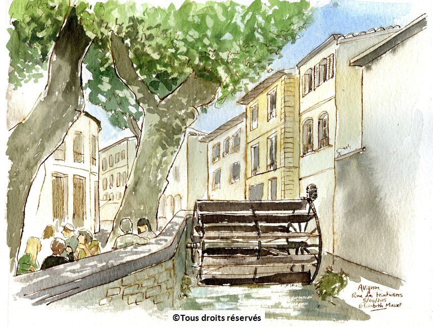 Avignon, la rue des teinturiersUne connaissance m'avait recommandé cette rue pour les aquarelles et les restos. Pas déçue pour l'un ni pour l'autre ! Juin 2015.