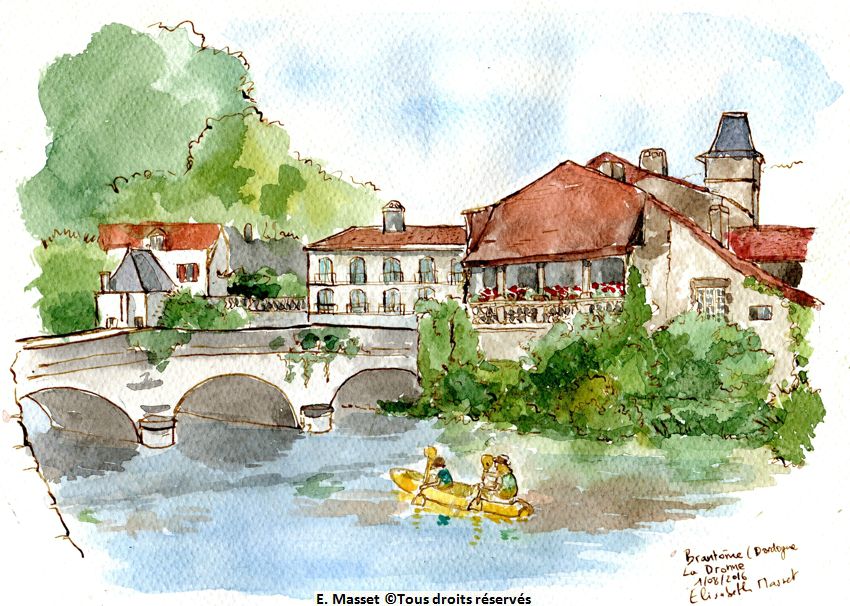 Brantôme - le Pont. Encre sépia et aquarelle. Août 2016.