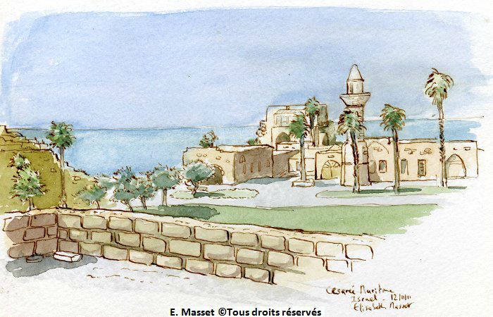Israël.Le port des croisés à Césarée, reconsruit pour les touristes. Novembre 2011."