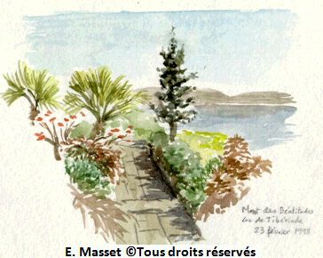 Le jardin des Béatitudes, en Israël, avec vue sur le lac de Tibériade.Croquis vite fait pendant un voyage en Terre Sainte. Février 1998. Collection Damien Masset