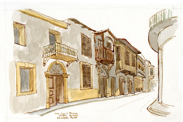 Une rue à Nicosie.J'adore dessiner les rues, les perspectives. Le vieux quartier de Nicosie sud - près de la ligne de séparation avec la Chypre occupée par les Turcs, offre de très beaux sujets d'aquarelles ou de photos. Ce dessin est une version 1, car je dois y retravailler les ombres.  Avril 2009.