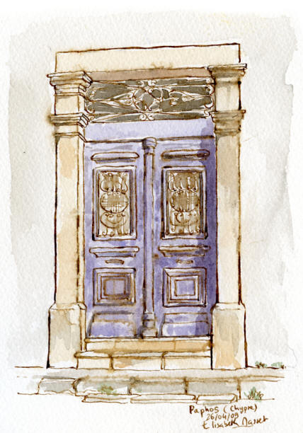 La porte usée d'un cabinet d'architecte à Paphos.Un essai, dont je suis assez contente même si l'encre a un peu bavé sur les contours.  Avril 2009.