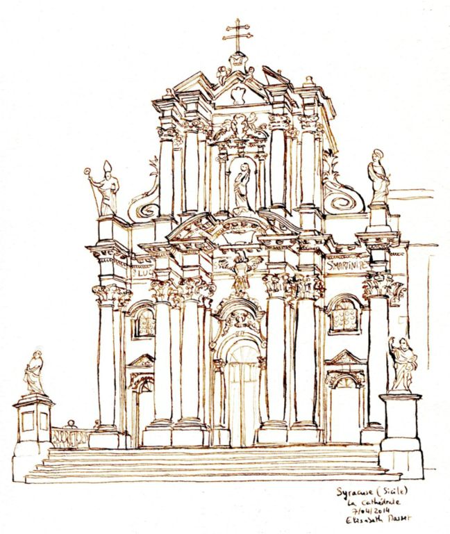 Syracuse, île Ortigia, la cathédrale, version encre. Avril 2014