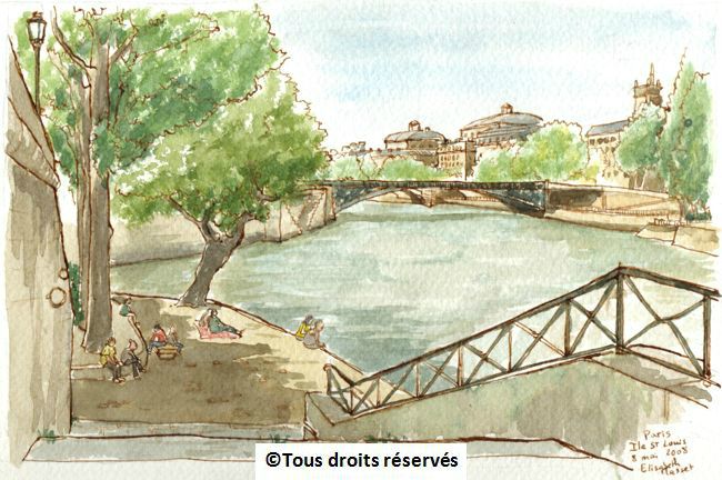 Paris, le pont d'Arcole vu depuis l'île Saint Louis.Dommage, j'étais pressée, ce n'est pas mon meilleur dessin.  Mai 2008.