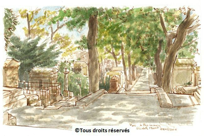 Le cimetière du Père Lachaise à Paris.Des tombes... des escaliers... des arbres et de la lumière au travers de l'ensemble. Septembre 2006. Collection privée.
